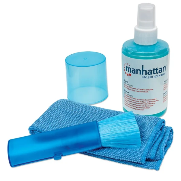 Manhattan LCD Cleaning Kit, Alcohol-free, Includes Cleaning Solution (200ml), Brush and Microfibre Cloth, Ideal for use on monitors/laptops/keyboards/etc, Three Year Warranty