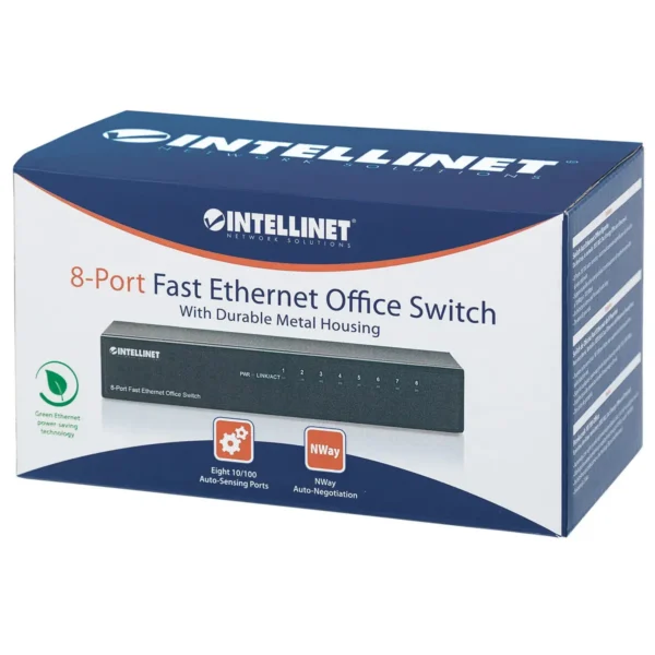Intellinet 8-Port Fast Ethernet Office Switch, Desktop Size, Metal, IEEE 802.3az (Energy Efficient Ethernet), Box