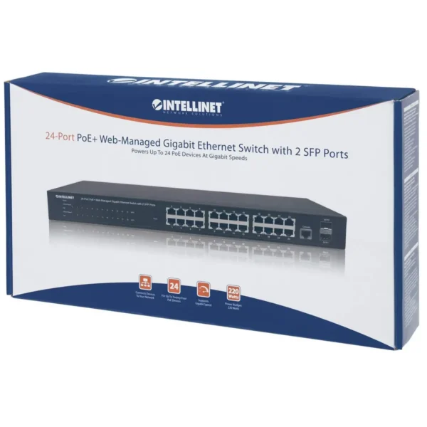 Intellinet 24-Port Gigabit Ethernet PoE+ Web-Managed Switch with 2 SFP Ports, 24 x PoE ports, IEEE 802.3at/af Power over Ethernet (PoE+/PoE), 2 x SFP, Endspan, 19″ Rackmount