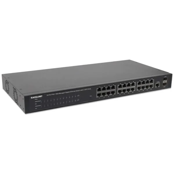 Intellinet 24-Port Gigabit Ethernet PoE+ Web-Managed Switch with 2 SFP Ports, 24 x PoE ports, IEEE 802.3at/af Power over Ethernet (PoE+/PoE), 2 x SFP, Endspan, 19″ Rackmount