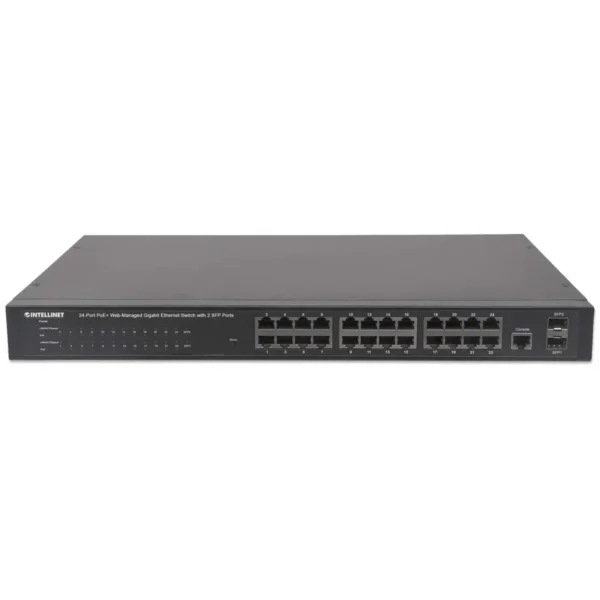 Intellinet 24-Port Gigabit Ethernet PoE+ Web-Managed Switch with 2 SFP Ports, 24 x PoE ports, IEEE 802.3at/af Power over Ethernet (PoE+/PoE), 2 x SFP, Endspan, 19″ Rackmount