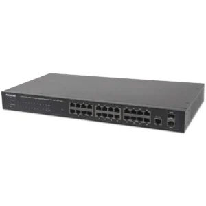 Intellinet 24-Port Gigabit Ethernet PoE+ Web-Managed Switch with 2 SFP Ports, 24 x PoE ports, IEEE 802.3at/af Power over Ethernet (PoE+/PoE), 2 x SFP, Endspan, 19″ Rackmount