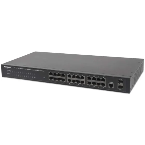 Intellinet 24-Port Gigabit Ethernet PoE+ Web-Managed Switch with 2 SFP Ports, 24 x PoE ports, IEEE 802.3at/af Power over Ethernet (PoE+/PoE), 2 x SFP, Endspan, 19″ Rackmount