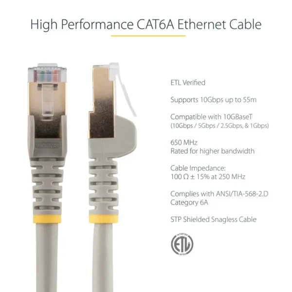 StarTech.com 10ft CAT6a Ethernet Cable – 10 Gigabit Shielded Snagless RJ45 100W PoE Patch Cord – 10GbE STP Network Cable w/Strain Relief – Gray Fluke Tested/Wiring is UL Certified/TIA