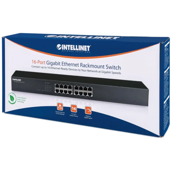 Intellinet 16-Port Gigabit Ethernet Switch, 16-Port RJ45 10/100/1000 Mbps, IEEE 802.3az Energy Efficient Ethernet, 19″ Rackmount, Metal (Euro 2-pin plug)