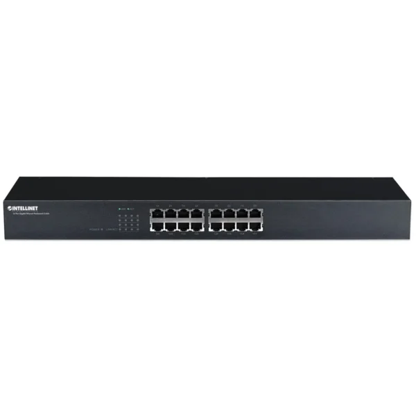 Intellinet 16-Port Gigabit Ethernet Switch, 16-Port RJ45 10/100/1000 Mbps, IEEE 802.3az Energy Efficient Ethernet, 19″ Rackmount, Metal (Euro 2-pin plug)